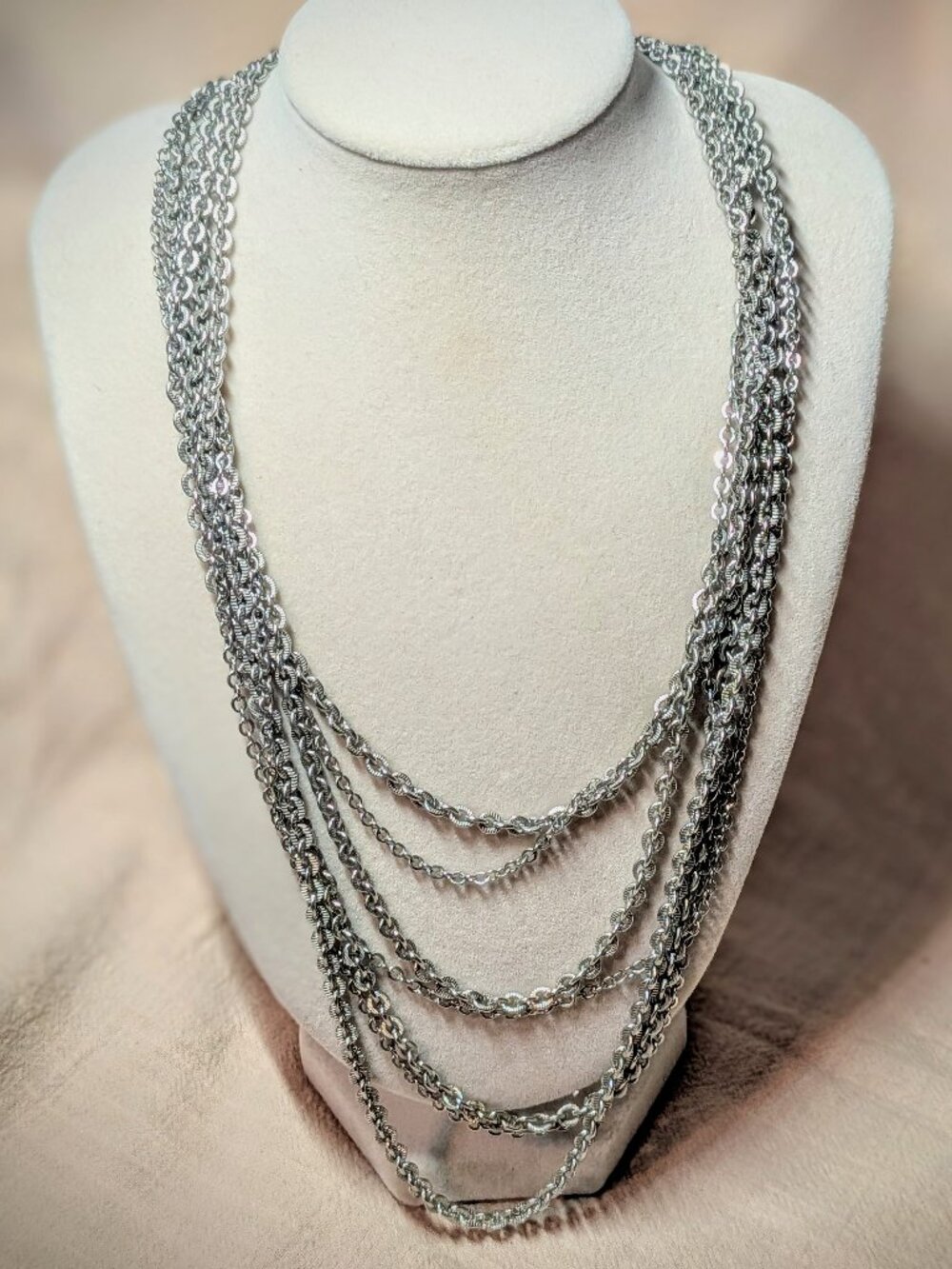 Vintage Avon Silver Tone Multi Strand Chain Necklace 18" Signed Statement